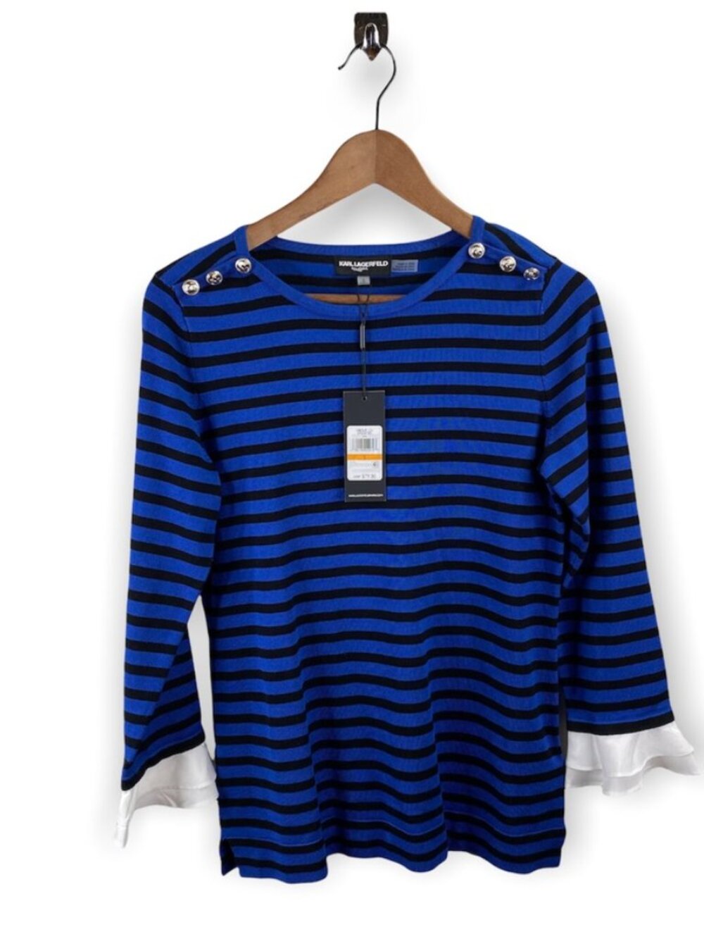 Karl Lagerfeld Striped Ruffle Cuff Sweater Size S - Picture 1 of 7